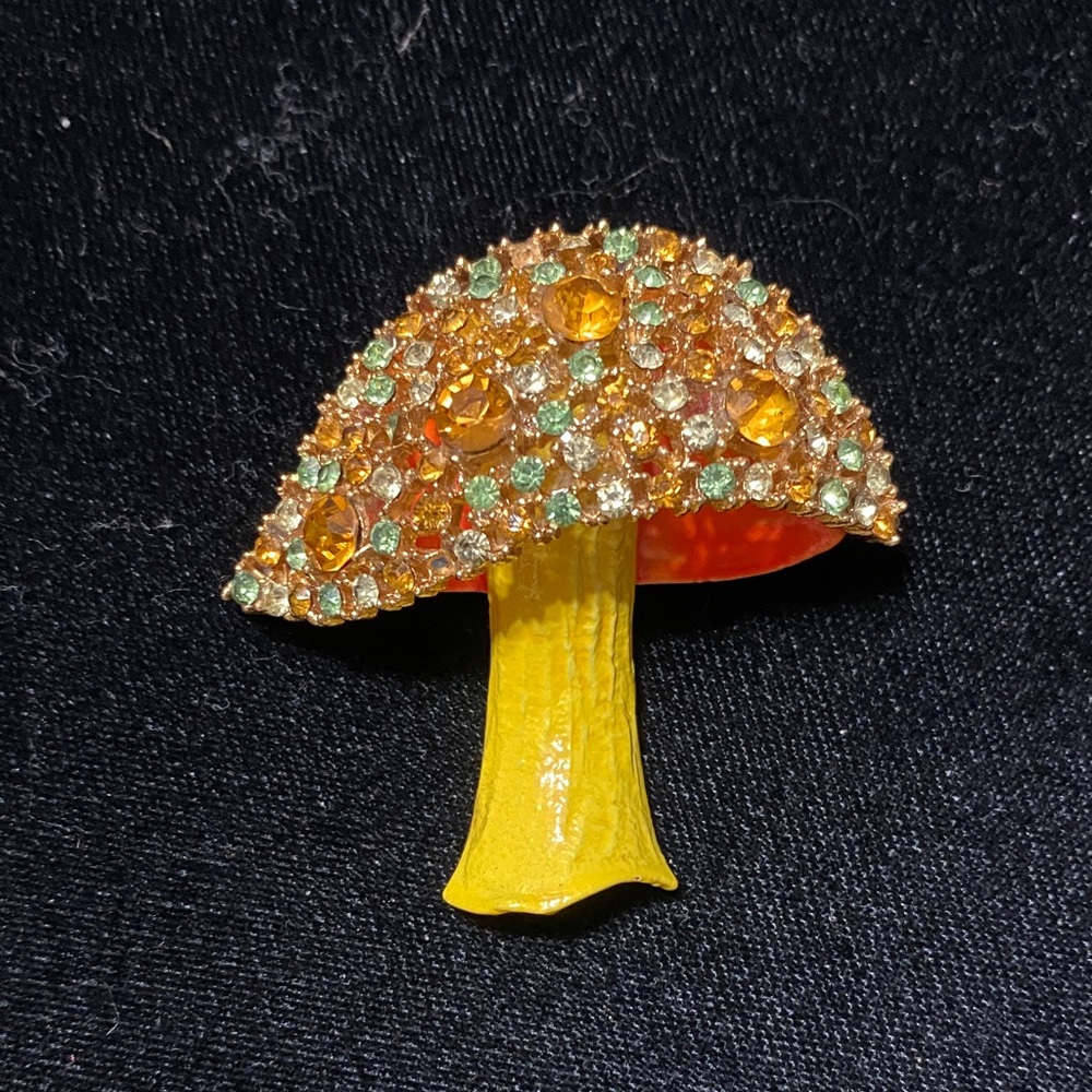 Vintage Capri Yellow and Orange Rhinestone enamel Mushroom Brooch